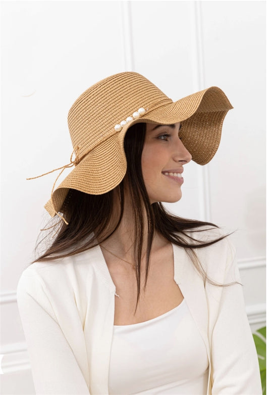 Chapeau de paille visière en vague avec perles